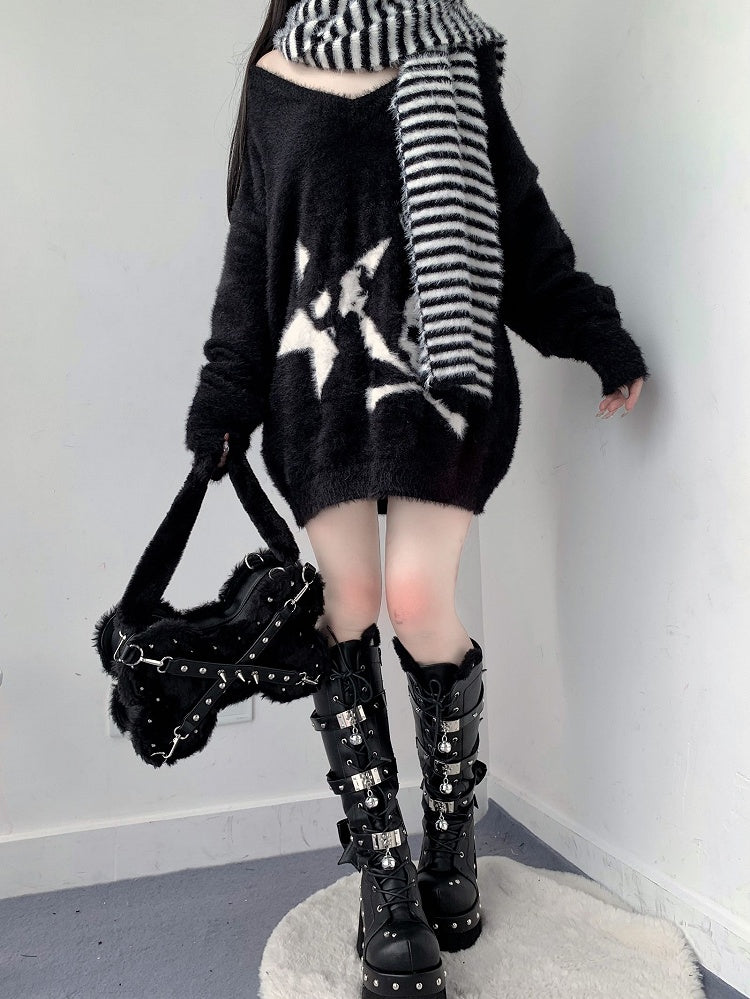 Studs Decorated Black Plush Bone-shaped Bag