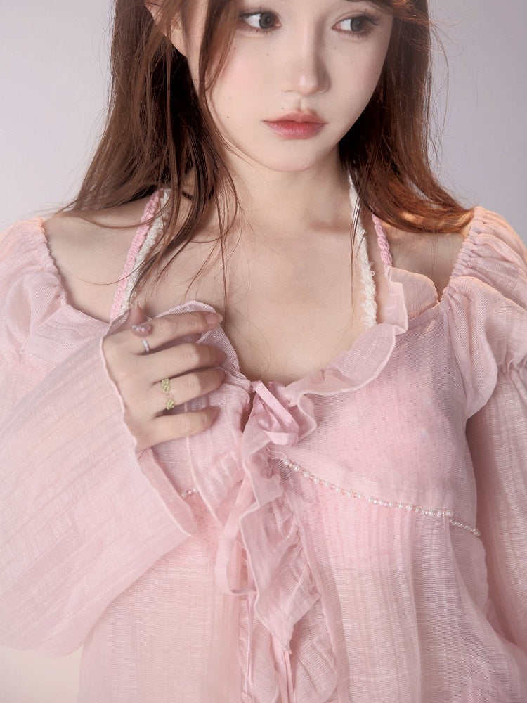 Ruffle Trim Pink Sun Protection Coverup