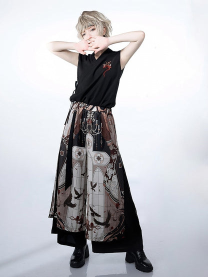 Night Command Cross Print Wide-leg Cut Pants