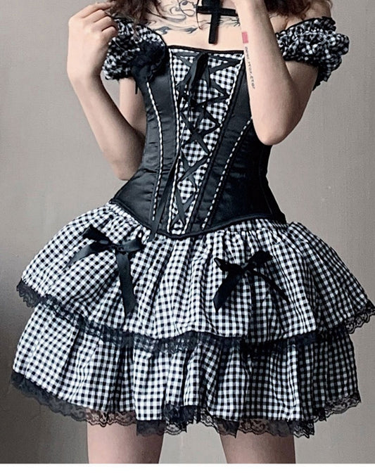 Cute Vintage Black Plaid Corset and Tiered Skirt Set