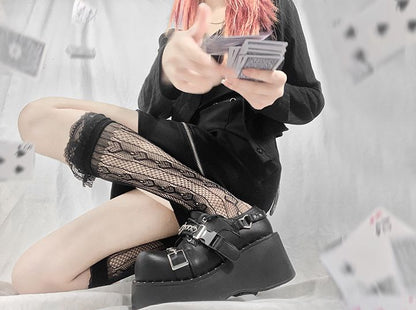 Devil's Trap Lace-up Closure Silver-tone Studs Decorated PU Matte Black Flatforms