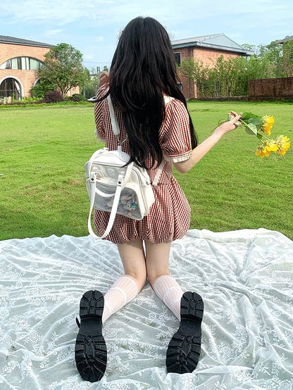 Bear Ears Design White/Wine Red/Silver PU Square Ita Bag