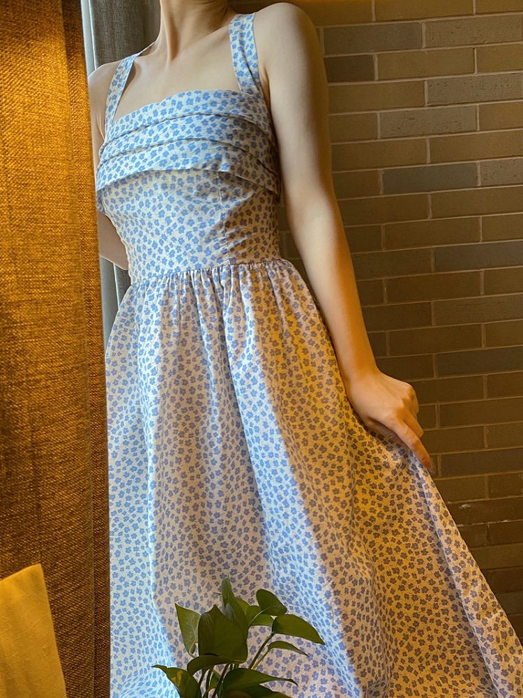 Blue Halter Neck Vintage Dress with Floral Print
