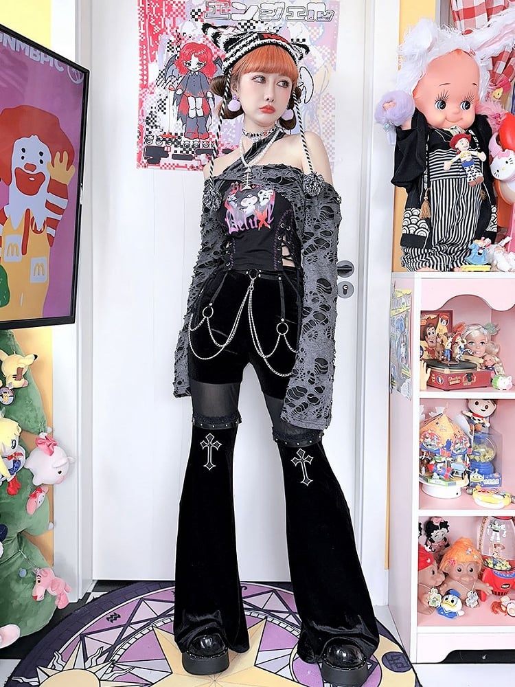 Cross Embroidery Lace Trim Fishtail Pants with Belt