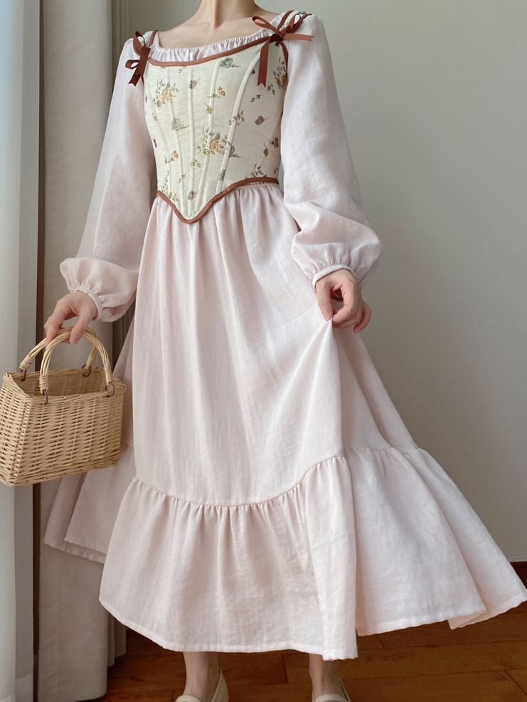 Beige Scoop Neckline Corset with Floral Pattern