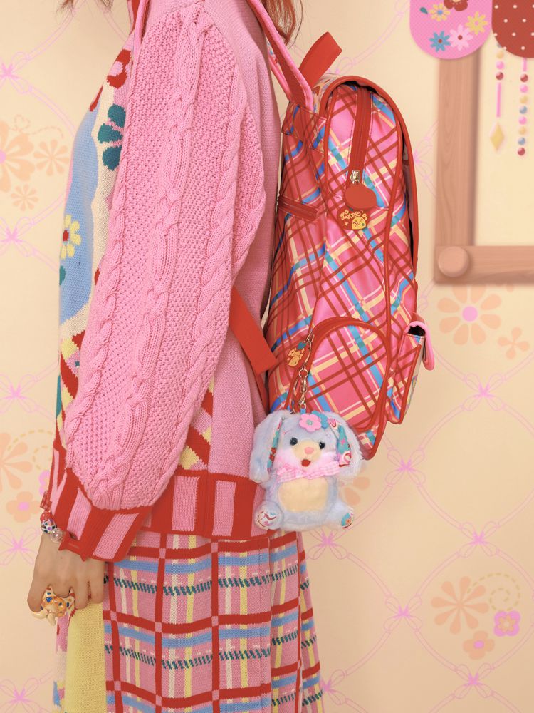 Magic Restaurant Floral and Cartoon Elephant Print PU Red Plaid Backpack