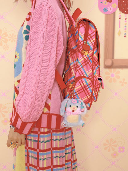 Magic Restaurant Floral and Cartoon Elephant Print PU Red Plaid Backpack