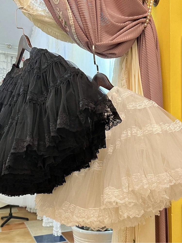 Antique Doll White/Black Lace Trim Vintage Tiered Skirt