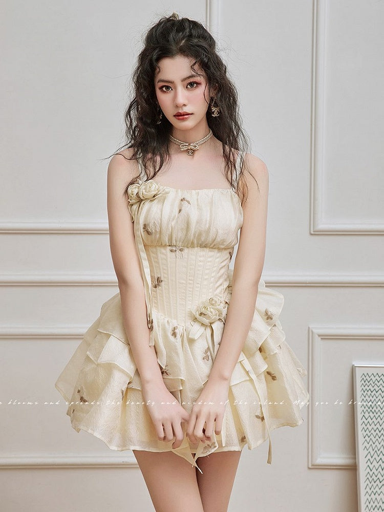 Light Yellow Floral Pattern Boned Bodice Jumper Skirt with Rosette Brooches Short Version