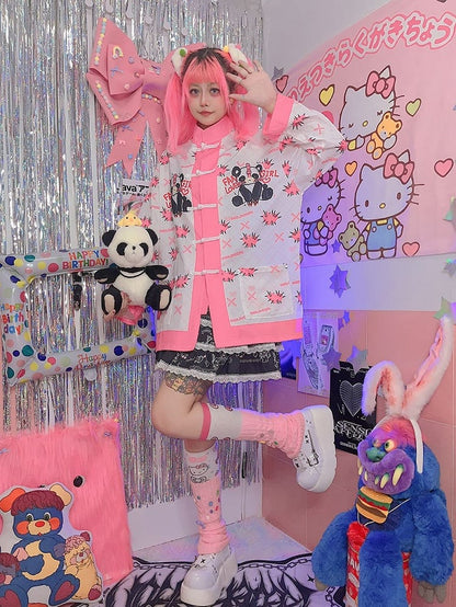 White/Black Panda Print Knot Buttons Banded Collar Jacket