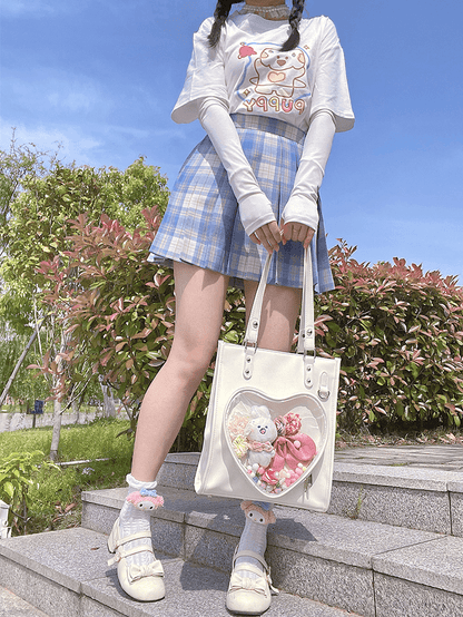 Milk White/Black Heart-shaped Window Square PU Tote Ita Bag