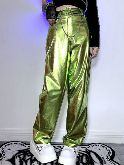 Futuristic Cyberpunk Y3K Metallic Silver/Rose Red/Blue/Green PU Pants