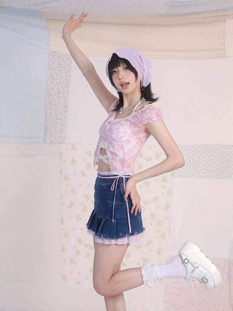 Pink Floral Print V-neck Top Lace Trim