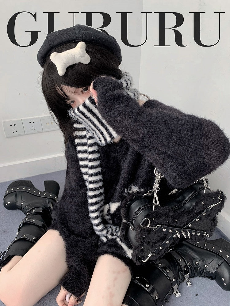 Studs Decorated Black Plush Bone-shaped Bag