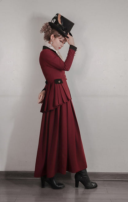 Plus Size Friendly-Wine Red Pleating Details Blazer + Skirt Vintage Set