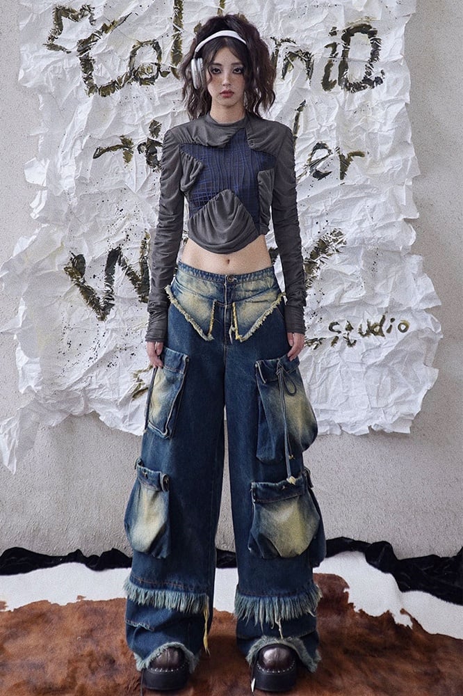 Wasteland Punk Cargo Pockets Faded Wash Wide Leg Jeans