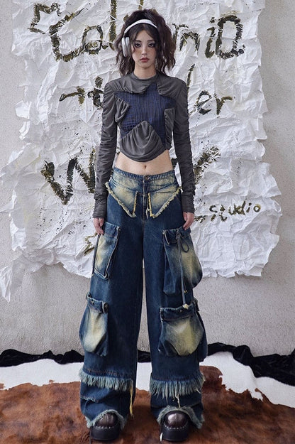 Wasteland Punk Cargo Pockets Faded Wash Wide Leg Jeans