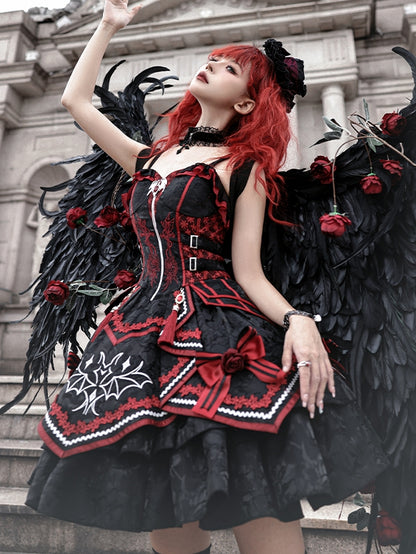 Black and Red Bat and Cross Embroidery Gothic Lolita JSK Zip Front and Buckle Side