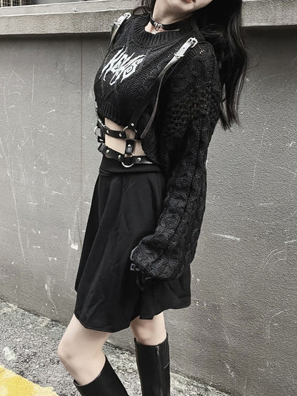 Punk Round Neck Distressed Cropped Sweater