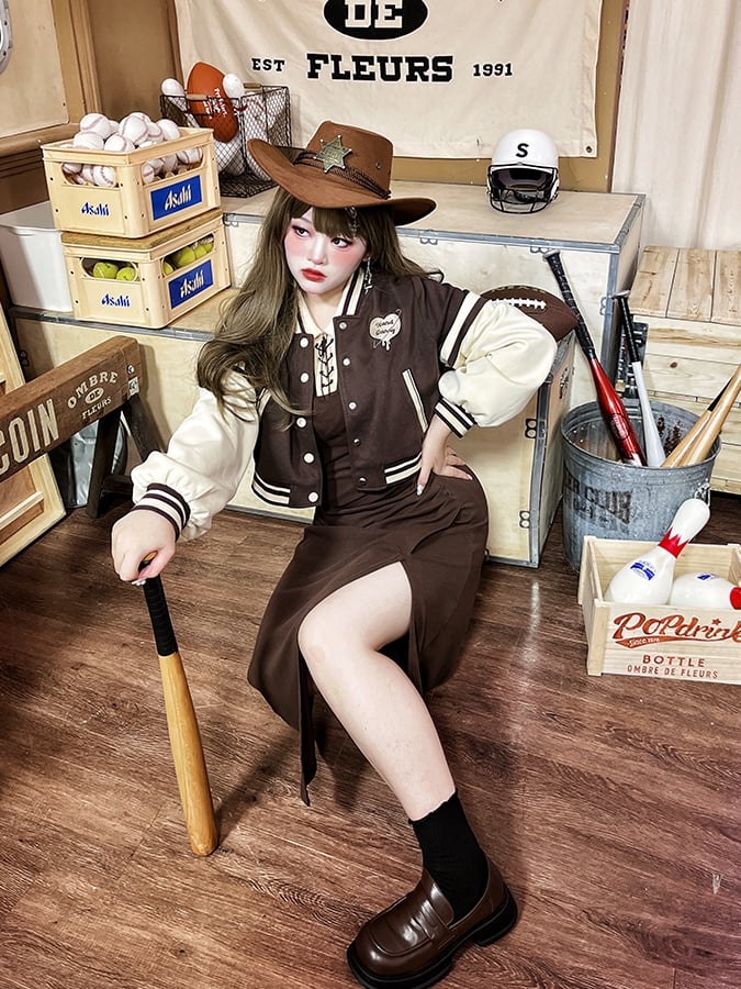 Plus Size - Dark Brown Cropped Baseball Jacket