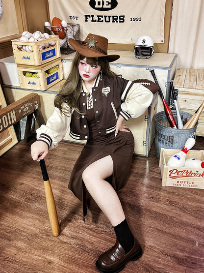 Plus Size - Dark Brown Cropped Baseball Jacket