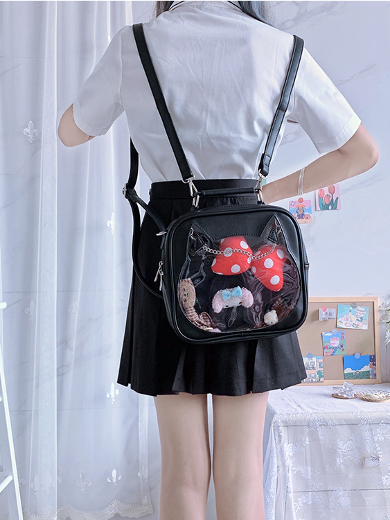 Cat Head-shaped Window Black PU Square Ita Bag