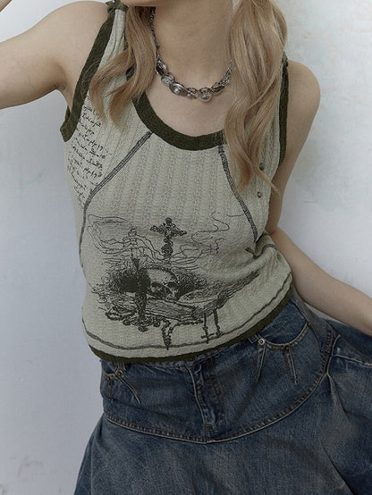 Punk Skull Print Light Green Knitted Tank Top