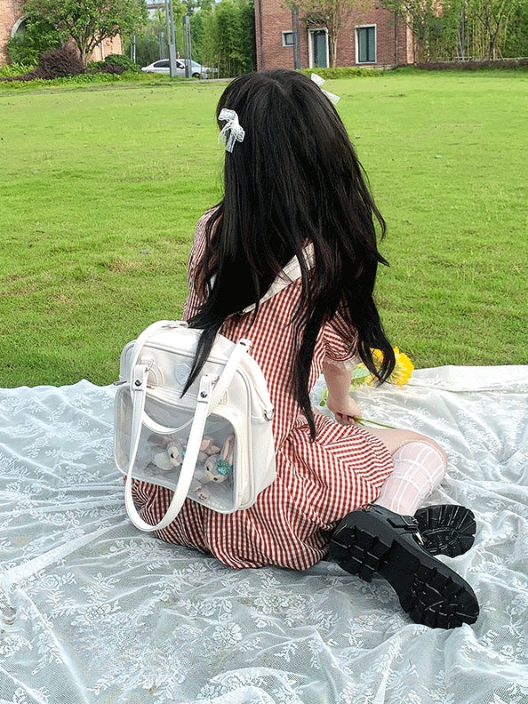 Bear Ears Design White/Wine Red/Silver PU Square Ita Bag