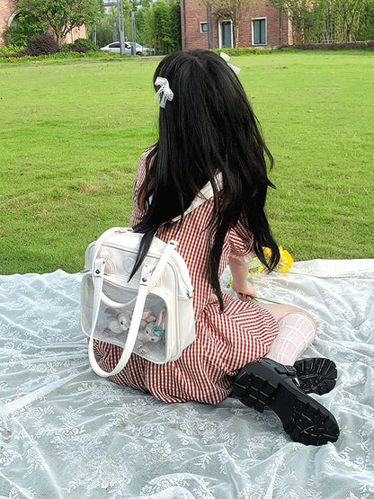 Bear Ears Design White/Wine Red/Silver PU Square Ita Bag