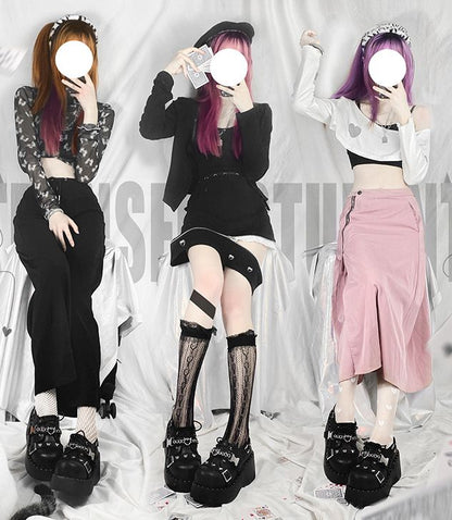 Devil's Trap Lace-up Closure Silver-tone Studs Decorated PU Matte Black Flatforms