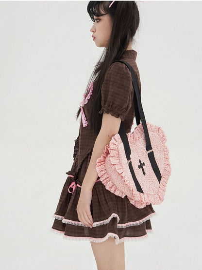 Pink/Red Sweetheart-shaped Ruffle Trim Shoulder Bag