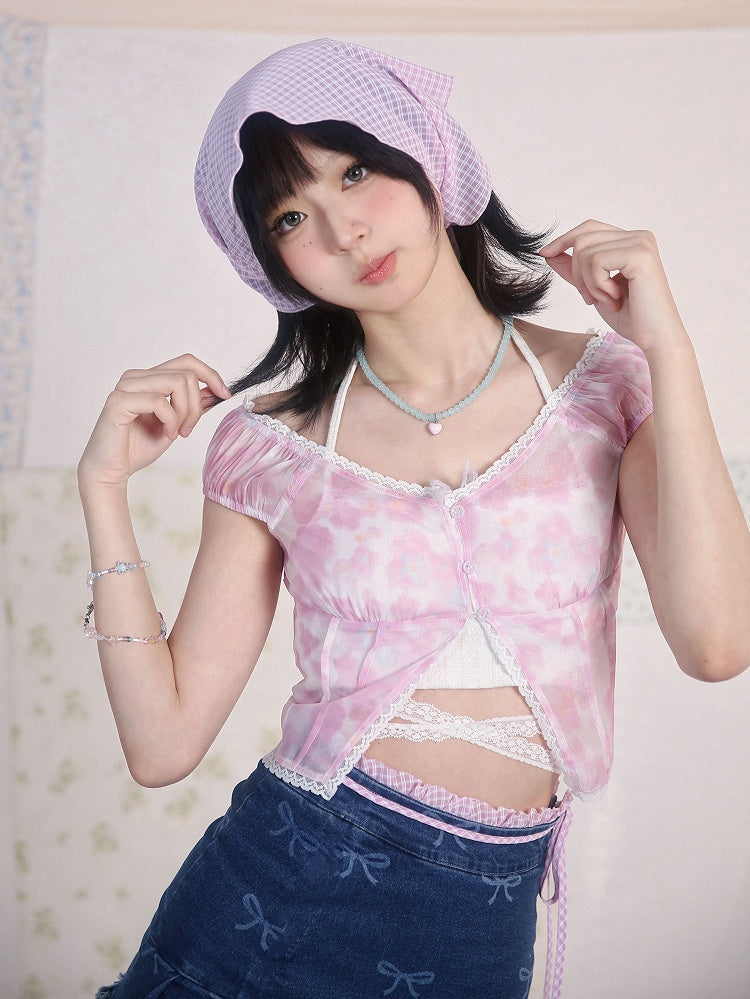 Pink Floral Print V-neck Top Lace Trim