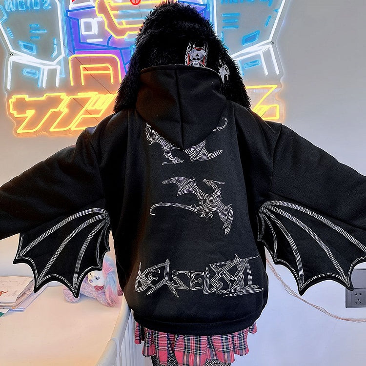 Rhinestones Dragon Decorated Wings Design Hooded Black Jacket