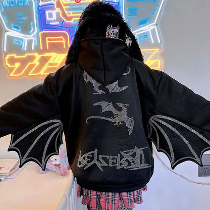 Rhinestones Dragon Decorated Wings Design Hooded Black Jacket