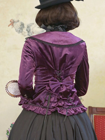 Dark Purple Lace-up Detail Velvet Jacket and Black Vintage Victorian Skirt Set