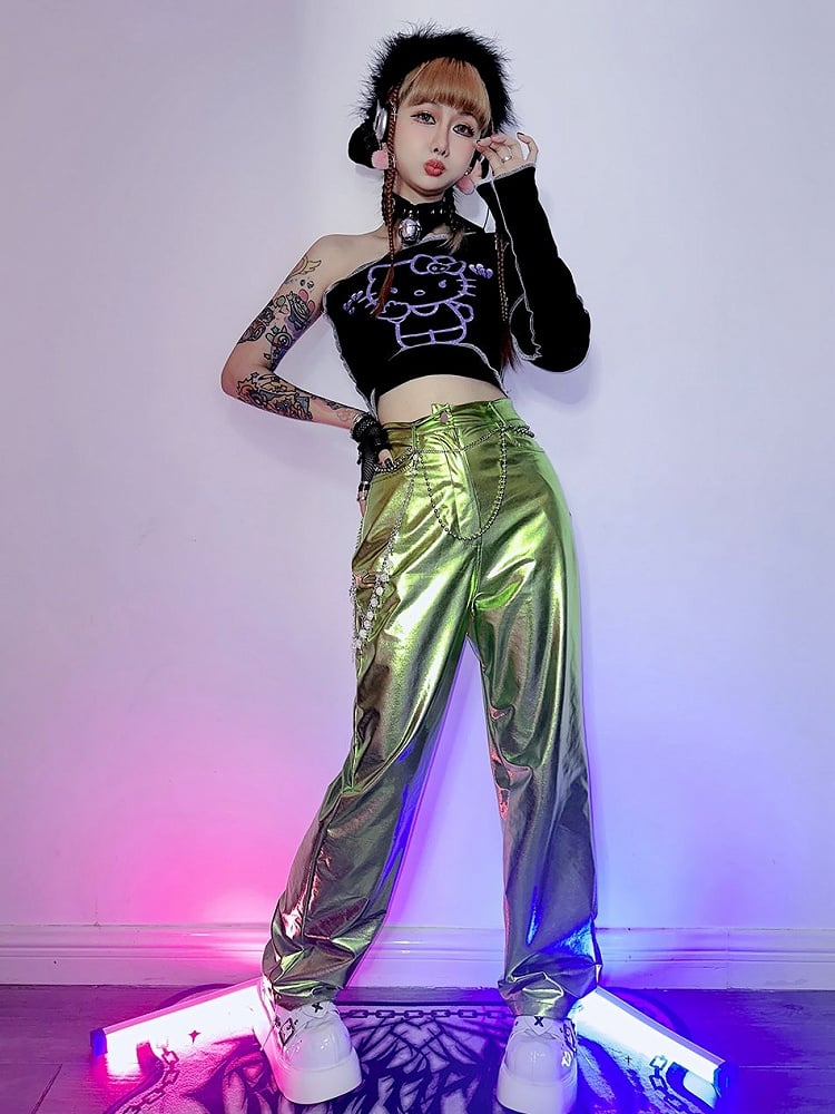 Futuristic Cyberpunk Y3K Metallic Silver/Rose Red/Blue/Green PU Pants