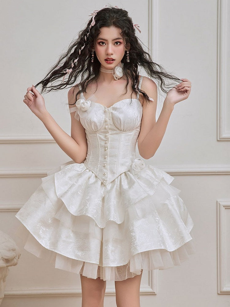 White Boned Corset Top with Underwire Cups Rosettes Brooch