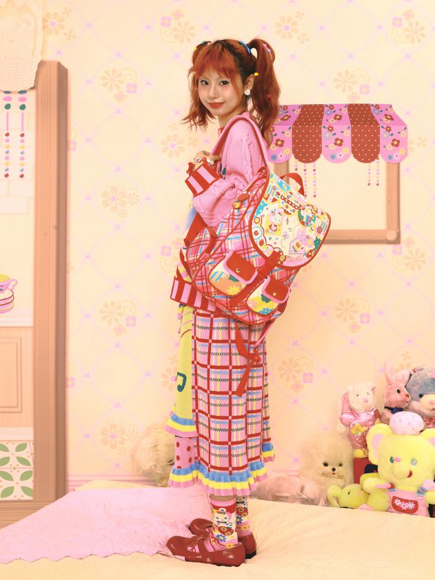 Magic Restaurant Floral and Cartoon Elephant Print PU Red Plaid Backpack