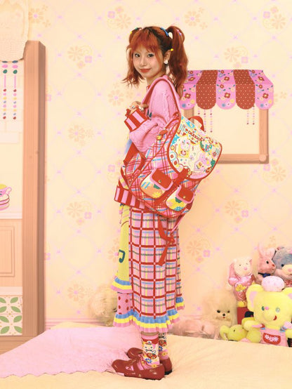 Magic Restaurant Floral and Cartoon Elephant Print PU Red Plaid Backpack