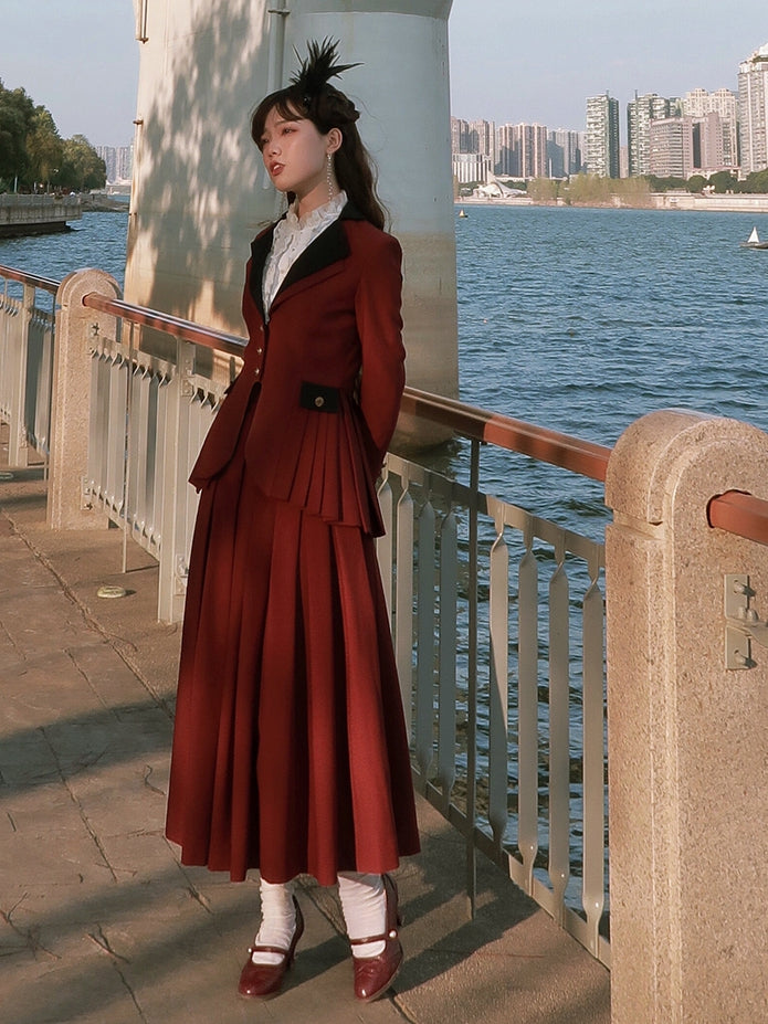 Plus Size Friendly-Wine Red Pleating Details Blazer + Skirt Vintage Set