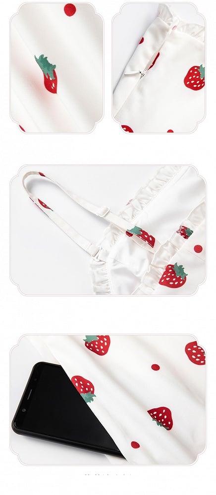 Summer Strawberry and Polka Dots Print Sun Dress White Sweet Lolita JSK