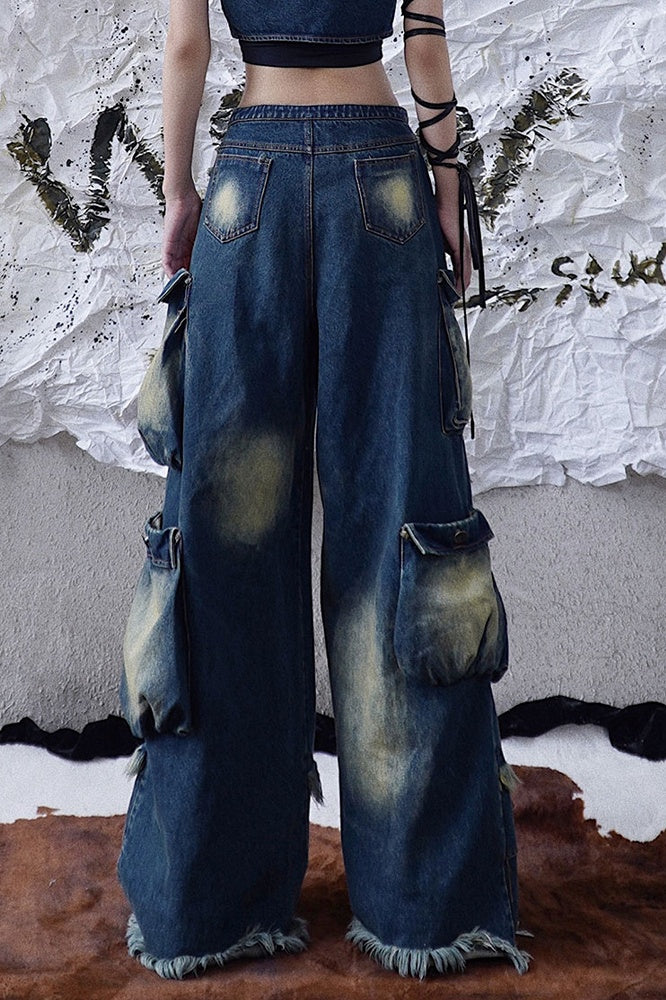 Wasteland Punk Cargo Pockets Faded Wash Wide Leg Jeans