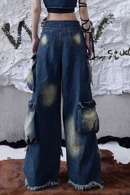 Wasteland Punk Cargo Pockets Faded Wash Wide Leg Jeans
