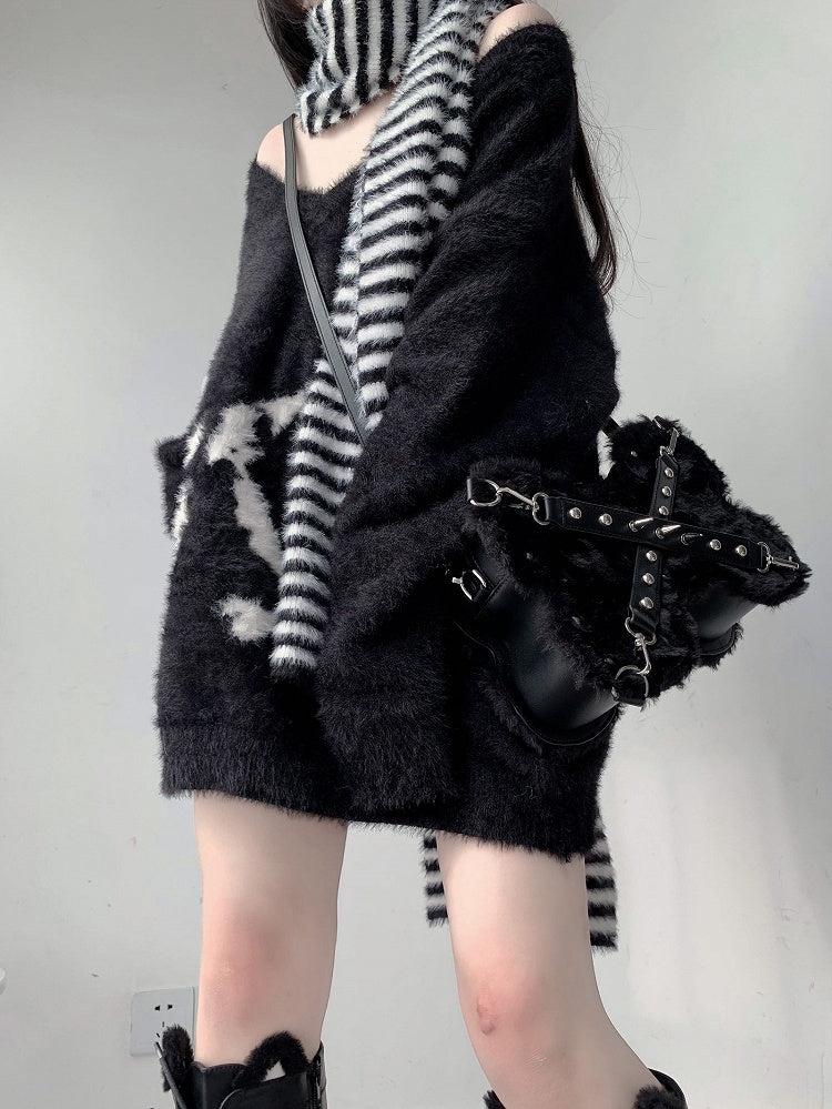 Studs Decorated Black Plush Bone-shaped Bag