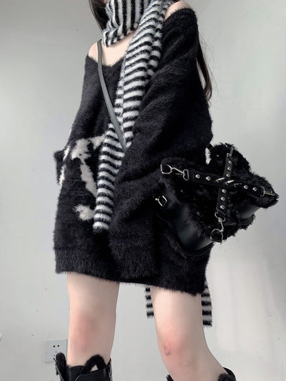 Studs Decorated Black Plush Bone-shaped Bag