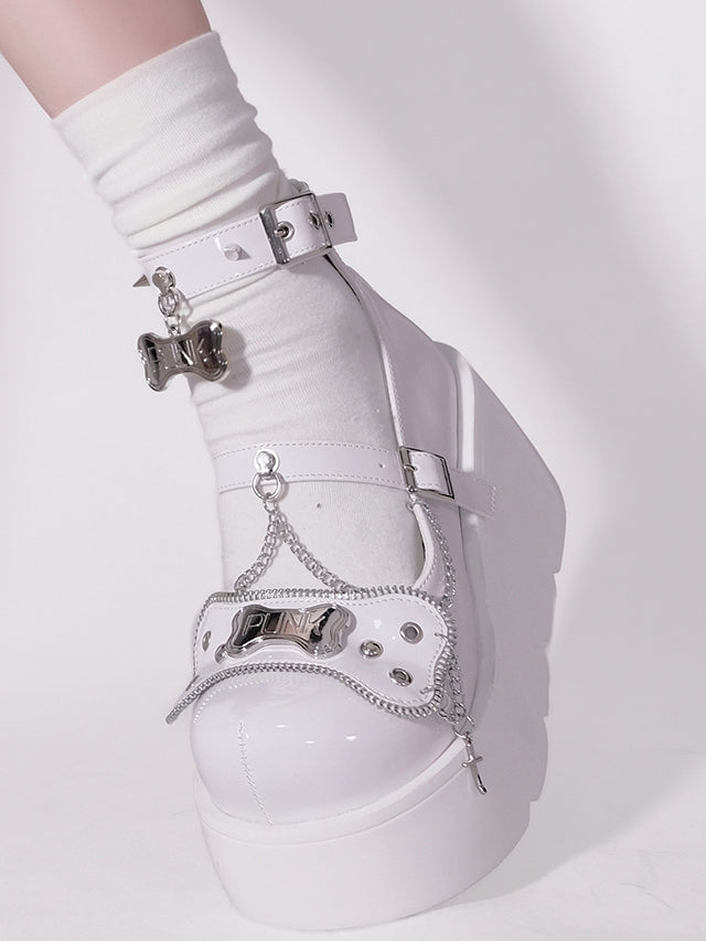 Metal Bones Decorated White Platforms Punk Shoes Studs Chain Design