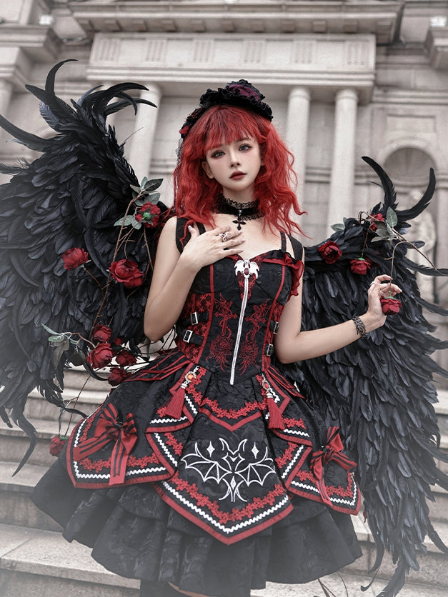 Black and Red Bat and Cross Embroidery Gothic Lolita JSK Zip Front and Buckle Side