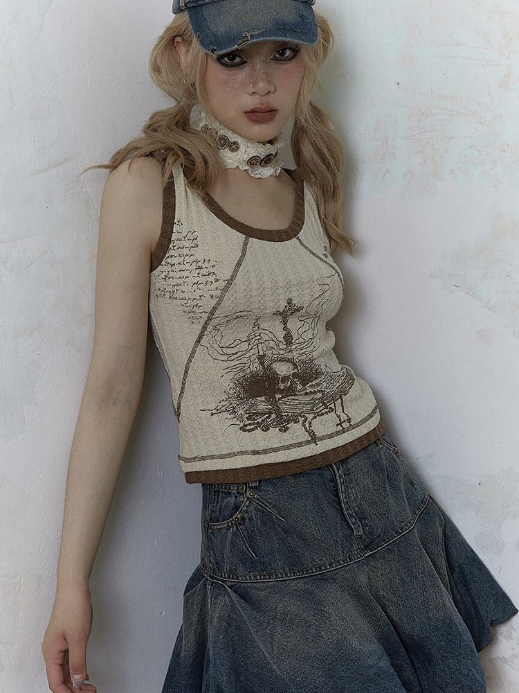 Punk Skull Print Light Brown Knitted Tank Top