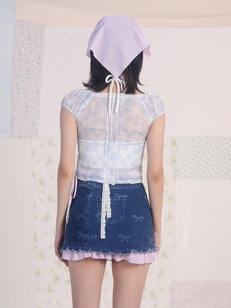 Blue Floral Print V-neck Top Lace Trim