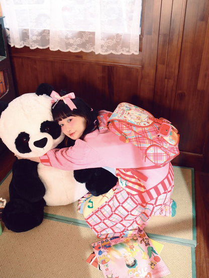 Magic Restaurant Floral and Cartoon Elephant Print PU Red Plaid Backpack